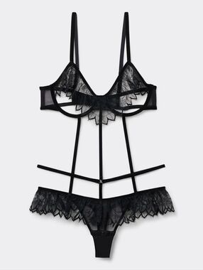 NWOT Intimissimi black lace revealing bodysuit + garter belt lingerie sz S